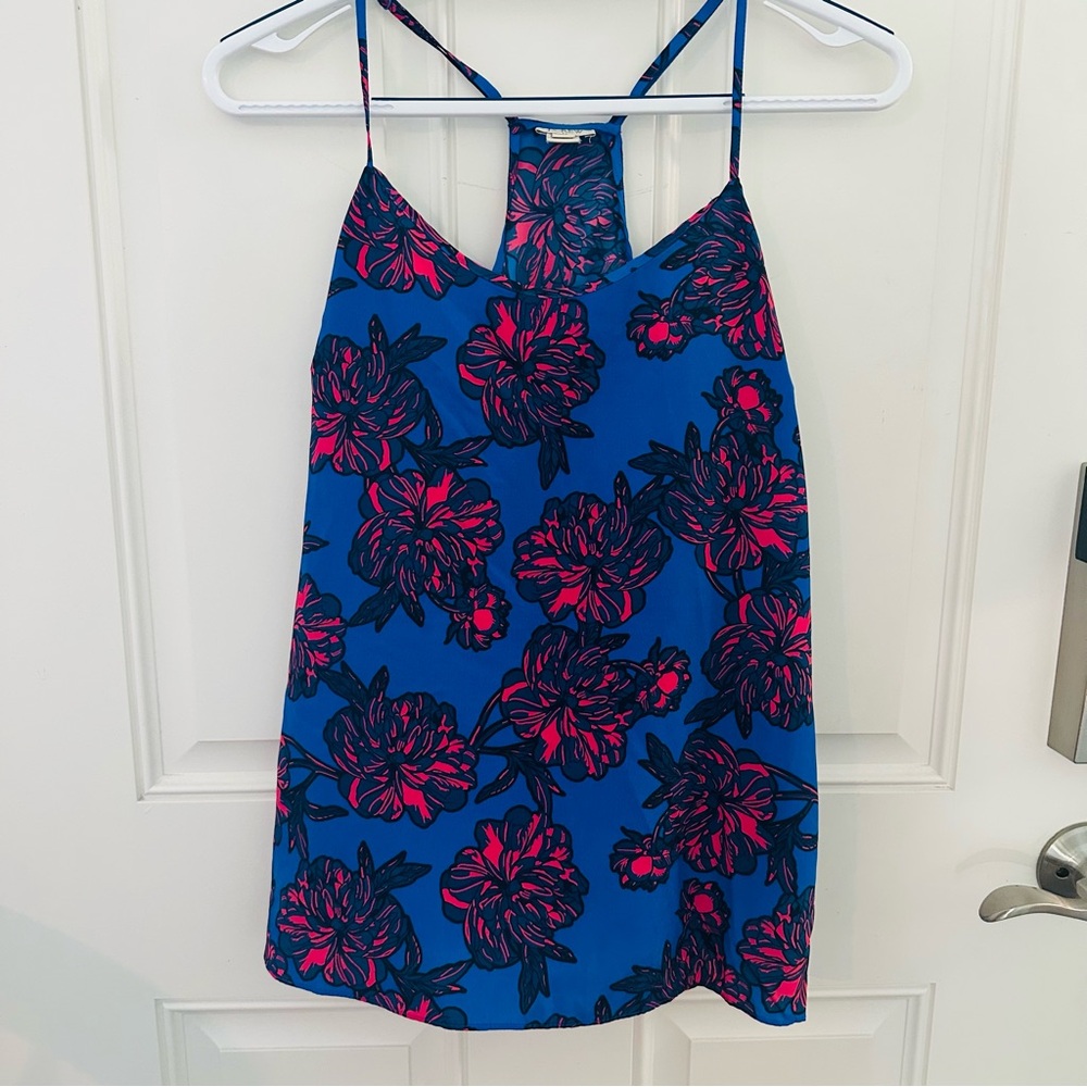 J.Crew Factory Tank 6 | Blue Floral Adjustable Strap Pink Flower Print